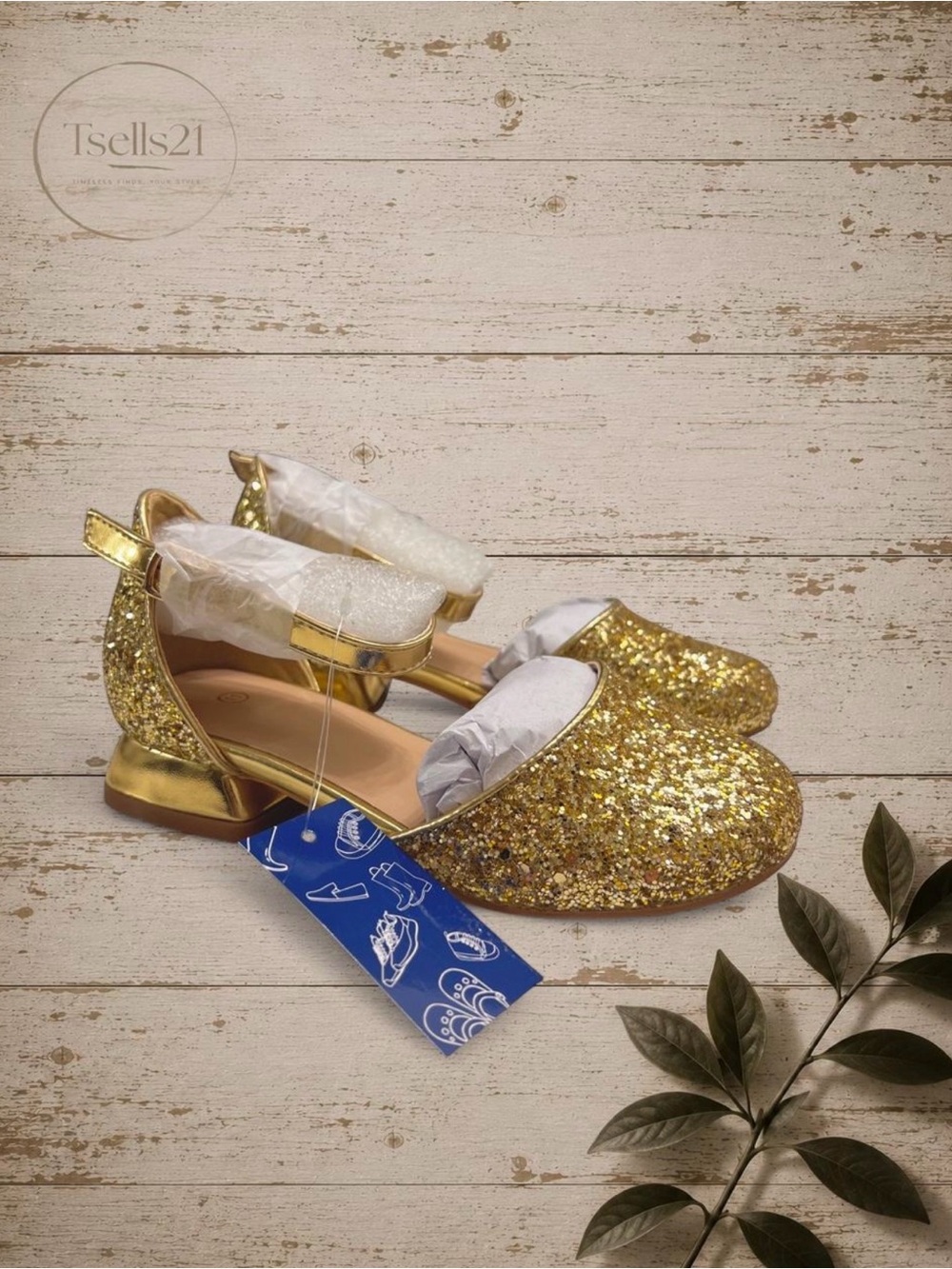 Girls' Glitter Gold Dress Flats with Ankle Strap